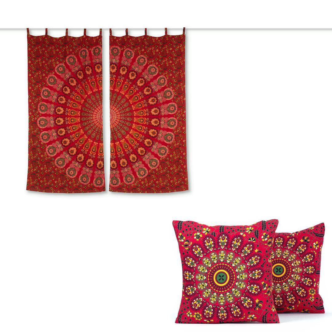 Vorhang & 2 Kissen | Pfauenfeder Mandala rot weiß