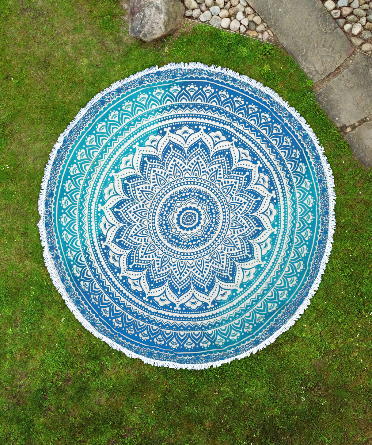 Rundes Mandala Tuch Ombre blau
