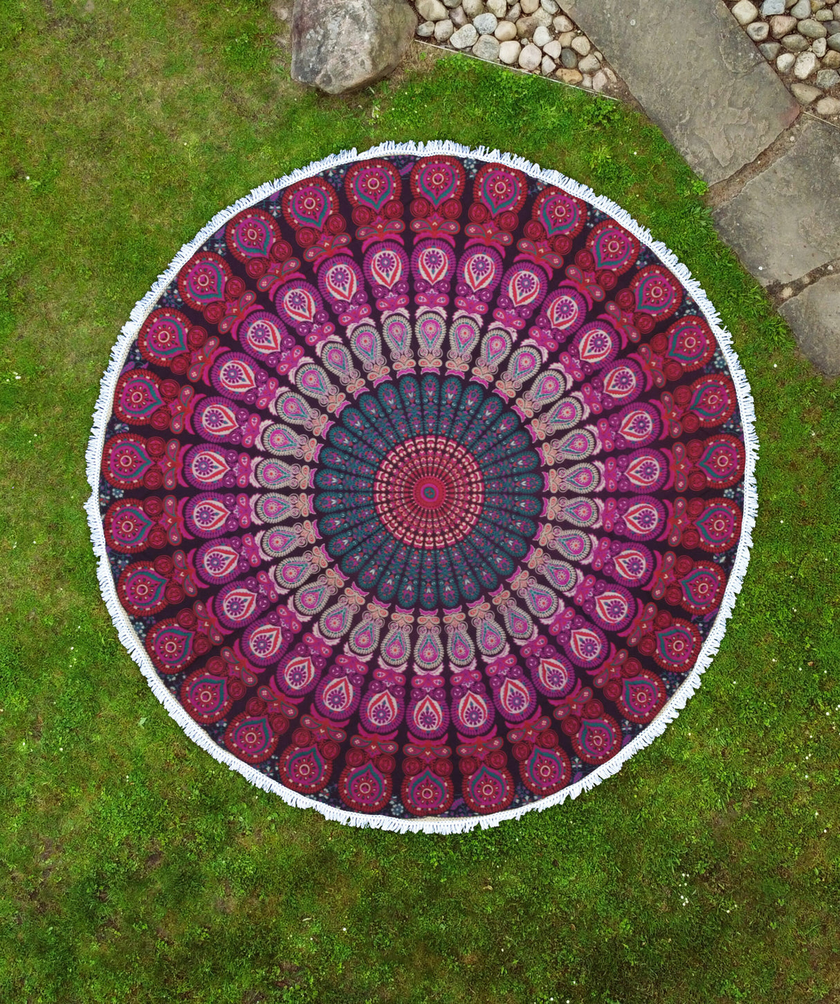 Rundes Mandala Tuch Pfauenfeder bordeaux rosa