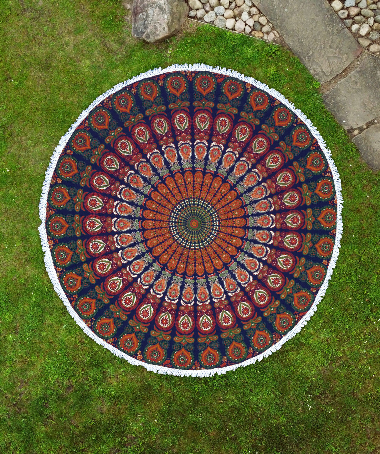 Rundes Mandala Tuch Pfauenfeder blau grün orange