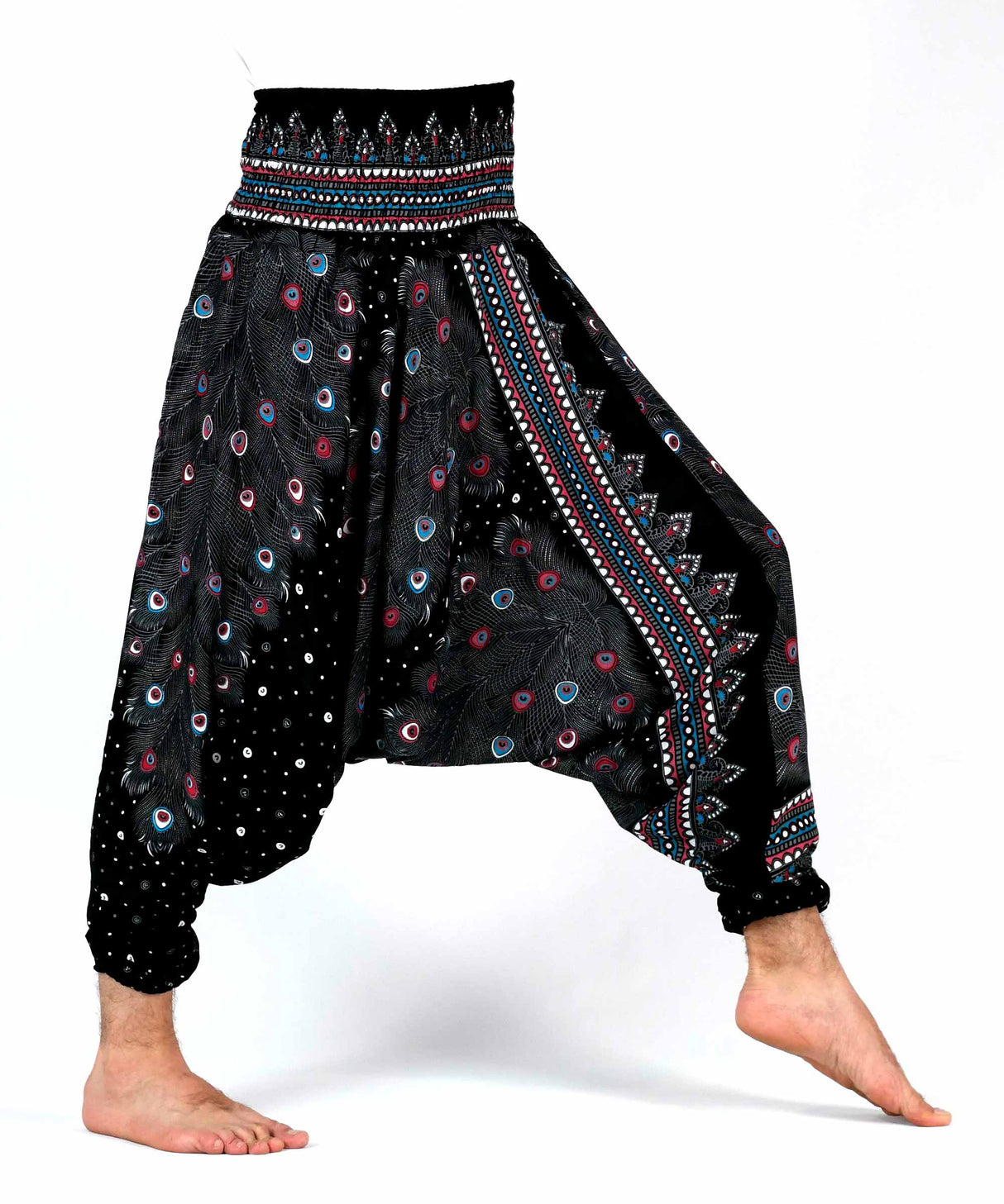 Aladinhose Pfauenfeder schwarz rot blau Männermodel