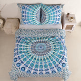 Bettwäsche Pfauenfeder Mandala weiß blau - Boho Bettbezug mir floralem Muster