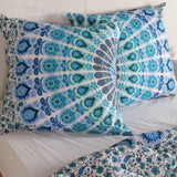 Bettwäsche Pfauenfeder Mandala weiß blau - Boho Bettbezug mir floralem Muster