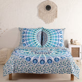 Bettwäsche Pfauenfeder Mandala weiß blau - Boho Bettbezug mir floralem Muster