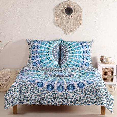 Bettwäsche Pfauenfeder Mandala weiß blau - Boho Bettbezug mir floralem Muster