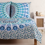 Bettwäsche Pfauenfeder Mandala weiß blau - Boho Bettbezug mir floralem Muster