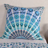 Bettwäsche Pfauenfeder Mandala weiß blau - Boho Bettbezug mir floralem Muster