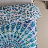 Bettwäsche Pfauenfeder Mandala weiß blau - Boho Bettbezug mir floralem Muster