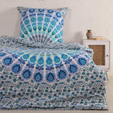 Bettwäsche Pfauenfeder Mandala weiß blau - Boho Bettbezug mir floralem Muster