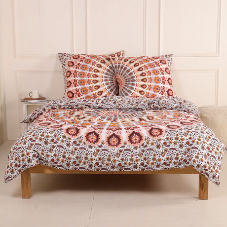 Bettwäsche Pfauenfeder Mandala weiß orange - Indischer Bettbezug mit floralem Muster