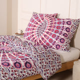 Bettwäsche Pfauenfeder Mandala weiß rosa - Indischer Bettbezug mit floralem Muster