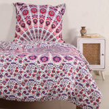 Bettwäsche Pfauenfeder Mandala weiß rosa - Indischer Bettbezug mit floralem Muster