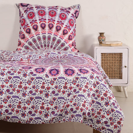 Bettwäsche Pfauenfeder Mandala weiß rosa - Indischer Bettbezug mit floralem Muster