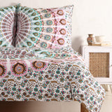 Bettwäsche Pfauenfeder Mandala in Weiß, Türkis und Rosa - Indischer Bettbezug mit floralem Muster