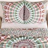 Bettwäsche Pfauenfeder Mandala in Weiß, Türkis und Rosa - Indischer Bettbezug mit floralem Muster