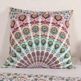 Bettwäsche Pfauenfeder Mandala in Weiß, Türkis und Rosa - Indischer Bettbezug mit floralem Muster