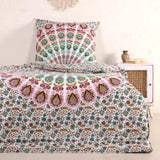 Bettwäsche Pfauenfeder Mandala in Weiß, Türkis und Rosa - Indischer Bettbezug mit floralem Muster