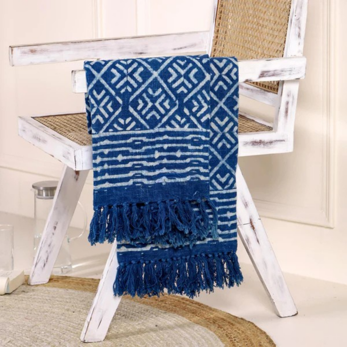 Blockdruck Tagesdecke Udaipur - Indigo blau 100% Baumwolle fair gehandelt von Karmandala