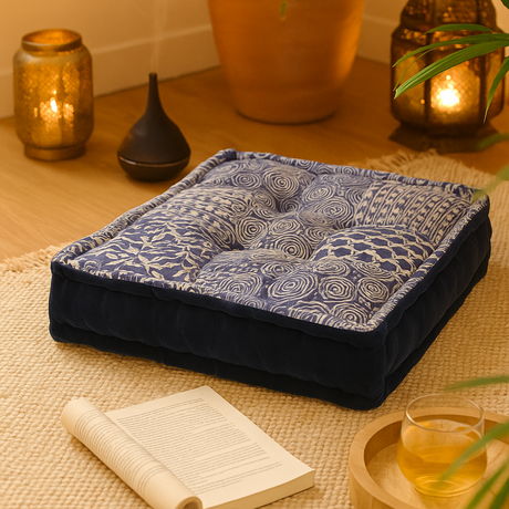 Blaues Bodenkissen im Kantha-Stil – Handgemachtes indisches Sitzkissen Baumwolle 50x50 cm, Patchwork Meditationskissen, Unikat