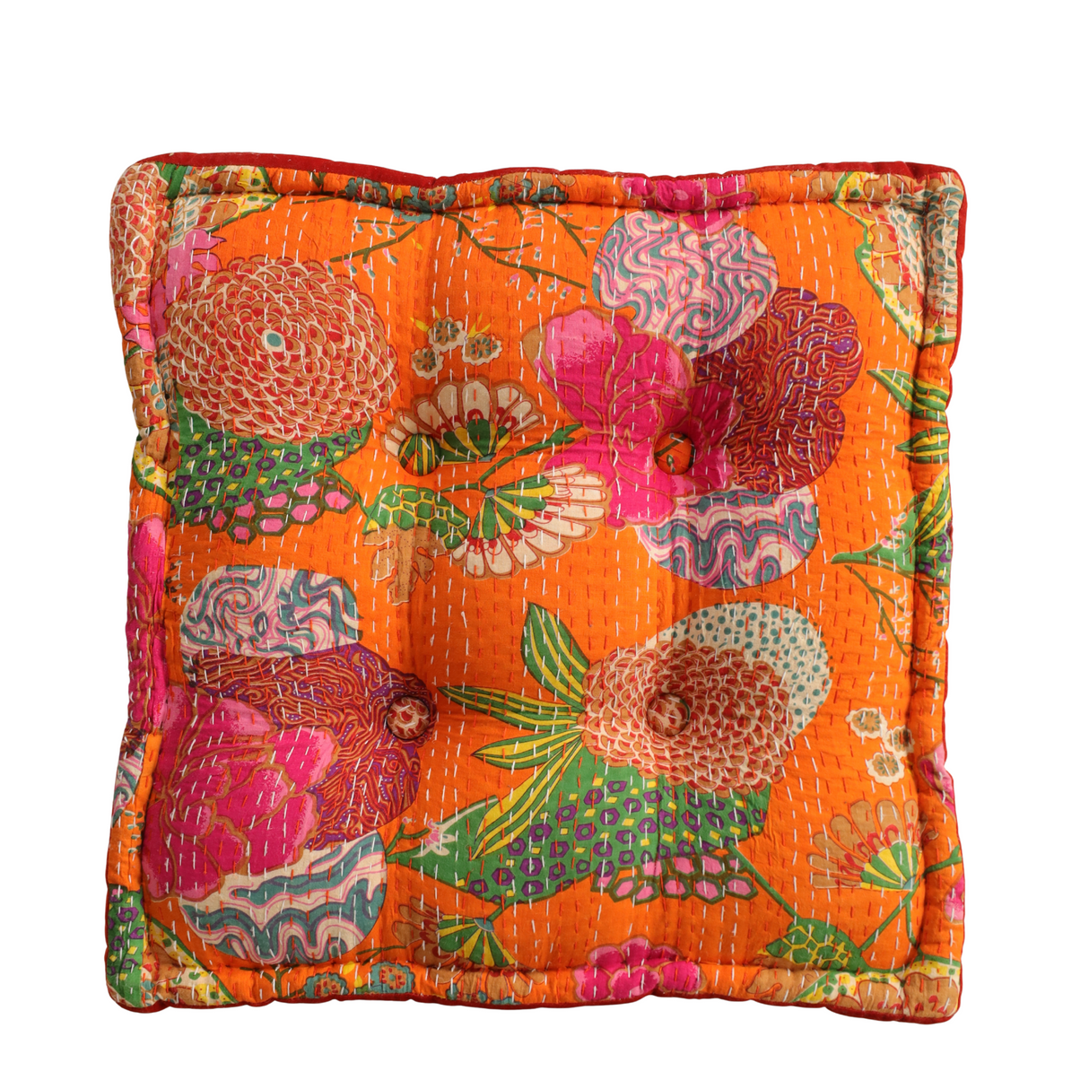 Bodenkissen 50x50 cm Orange Kantha-Stil – indisches Boho Sitzkissen Baumwolle, Vintage Patchwork Meditationskissen, handgefertigtes Unikat