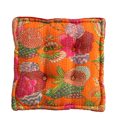 Bodenkissen 50x50 cm Orange Kantha-Stil – indisches Boho Sitzkissen Baumwolle, Vintage Patchwork Meditationskissen, handgefertigtes Unikat