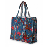 Großer Samt Shopper Blau mit floralem Muster | Boho Tote Bag | Indische Handarbeit, Petrol, Damen Tasche Ü50