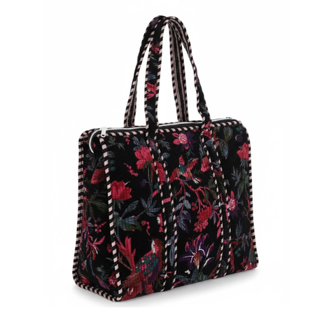Großer Samt Shopper Schwarz mit Blumen | Elegante Boho Tote Bag | Indische Handarbeit, Damen Tasche mit Quilt-Muster
