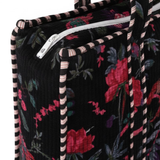 Großer Samt Shopper Schwarz mit Blumen | Elegante Boho Tote Bag | Indische Handarbeit, Damen Tasche mit Quilt-Muster