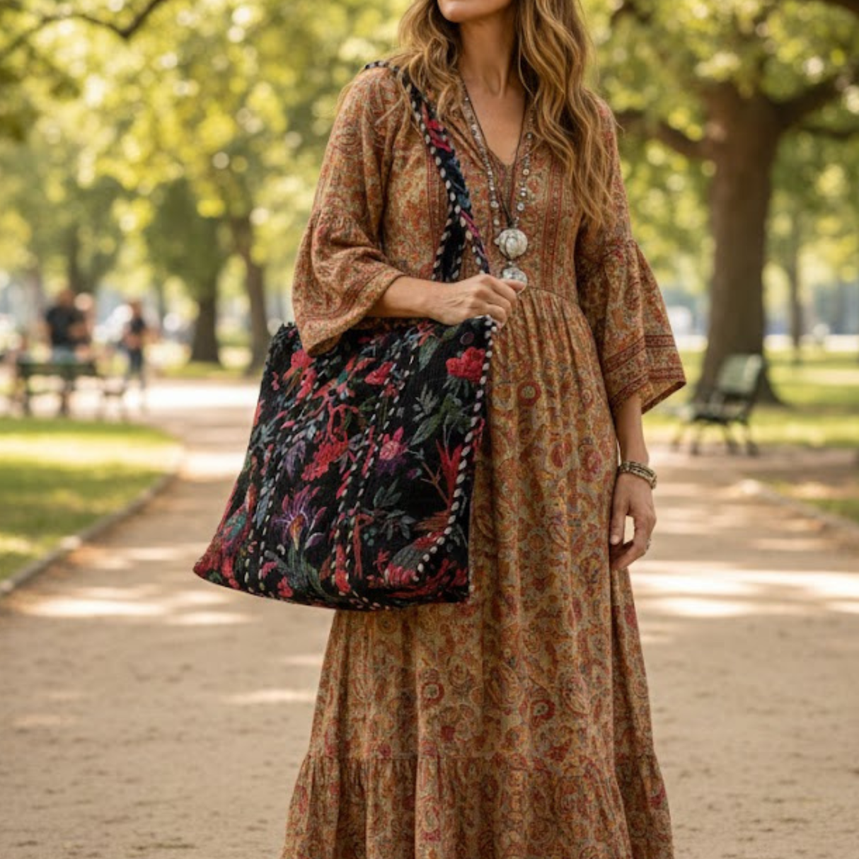 Großer Samt Shopper Schwarz mit Blumen | Elegante Boho Tote Bag | Indische Handarbeit, Damen Tasche mit Quilt-Muster