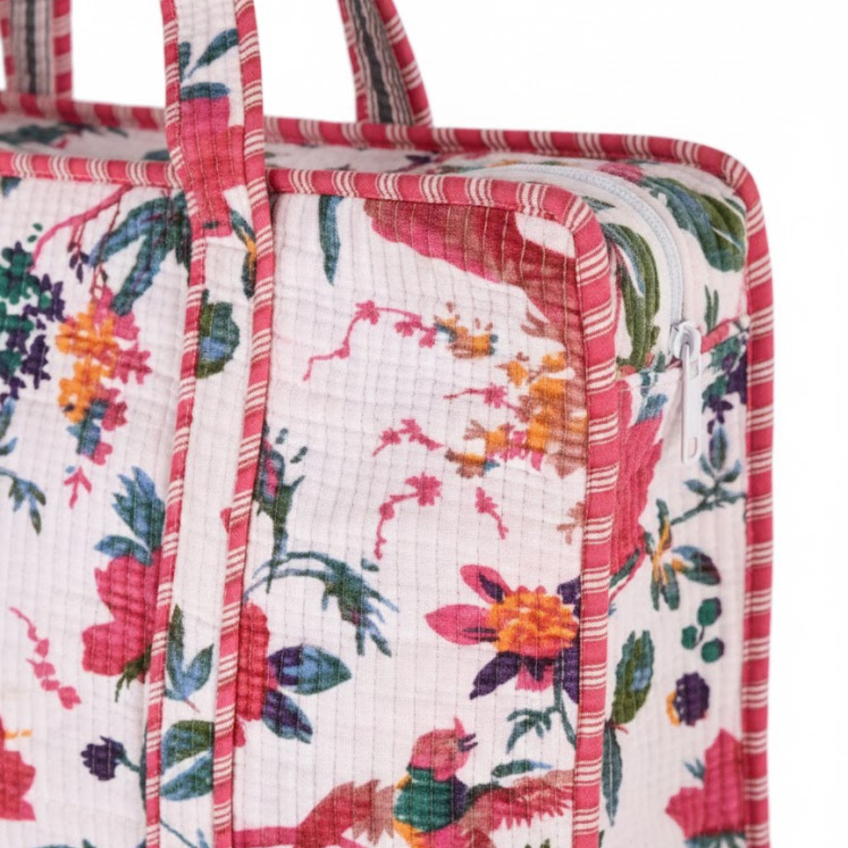 Großer Samt Shopper Weiß Rot | Helle Boho Tote Bag | Indische Handarbeit | Quilted, Damen Tasche mit Blumendruck