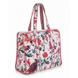 Großer Samt Shopper Weiß Rot | Helle Boho Tote Bag | Indische Handarbeit | Quilted, Damen Tasche mit Blumendruck