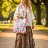 Großer Samt Shopper Weiß Rot | Helle Boho Tote Bag | Indische Handarbeit | Quilted, Damen Tasche mit Blumendruck