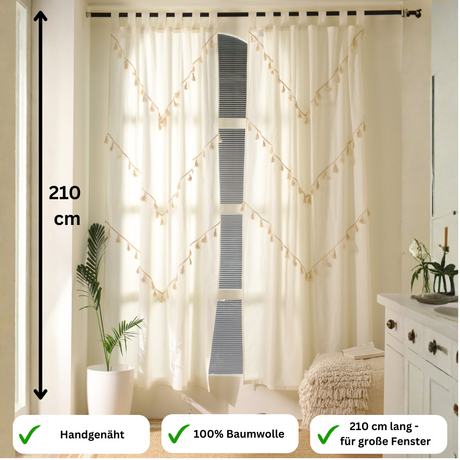 Boho Vorhang weiß aus 100% Baumwolle- Mit Schlaufen und Zierquasten