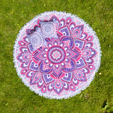 Rundes Mandala Strandtuch Lotus Ombre lila rosa + Kissen