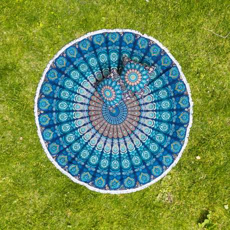 Rundes Mandala Strandtuch Pfauenfeder blau türkis + Kissen