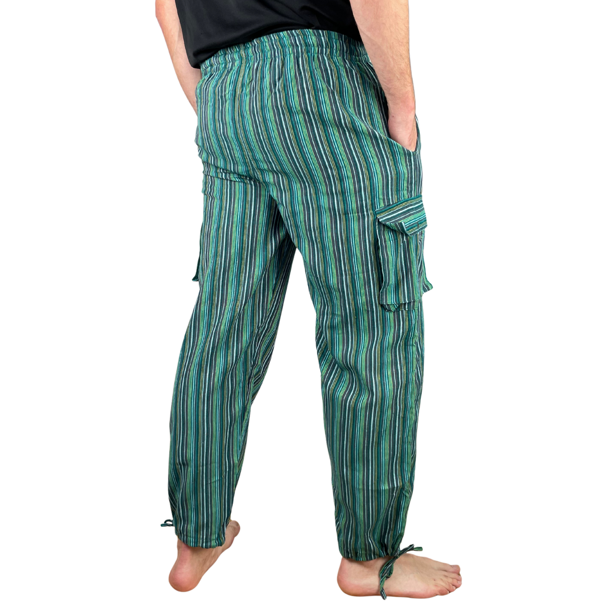 Freizeithose mit Taschen Grün gestreift aus Fischerstoff