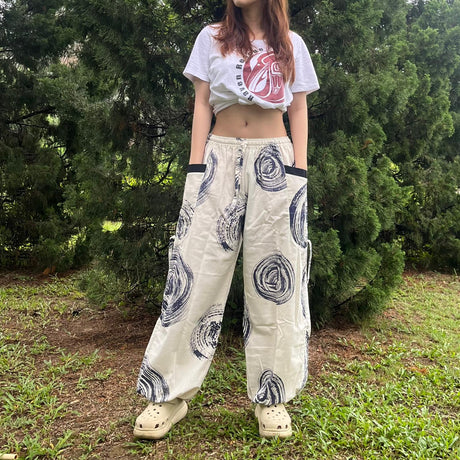 Goa Hose weiß mit Spiralen in blau - 100% Baumwolle Unisex Freizeithose Karmandala