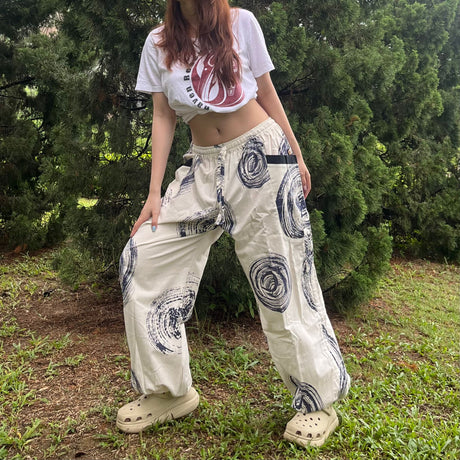 Goa Hose weiß mit Spiralen in blau - 100% Baumwolle Unisex Freizeithose Karmandala