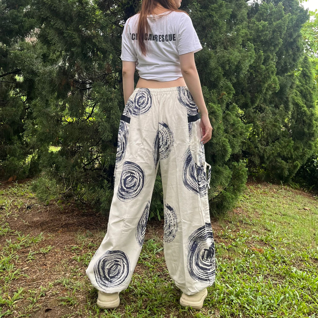Goa Hose weiß mit Spiralen in blau - 100% Baumwolle Unisex Freizeithose Karmandala