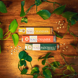Wärme & Tiefe Räucherstäbchen-Set | Golden Nag Patchouli, Champa & Chandan