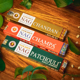 Wärme & Tiefe Räucherstäbchen-Set | Golden Nag Patchouli, Champa & Chandan