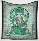 Wandtuch mit Hindu Gott Ganesha, dem Elefantengott in grün 2x2 m aus 100% Baumwolle