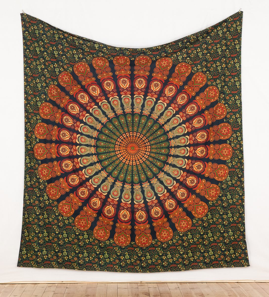 Wandtuch Pfauenfeder Mandala grün orange - groß ca. 210x230 cm