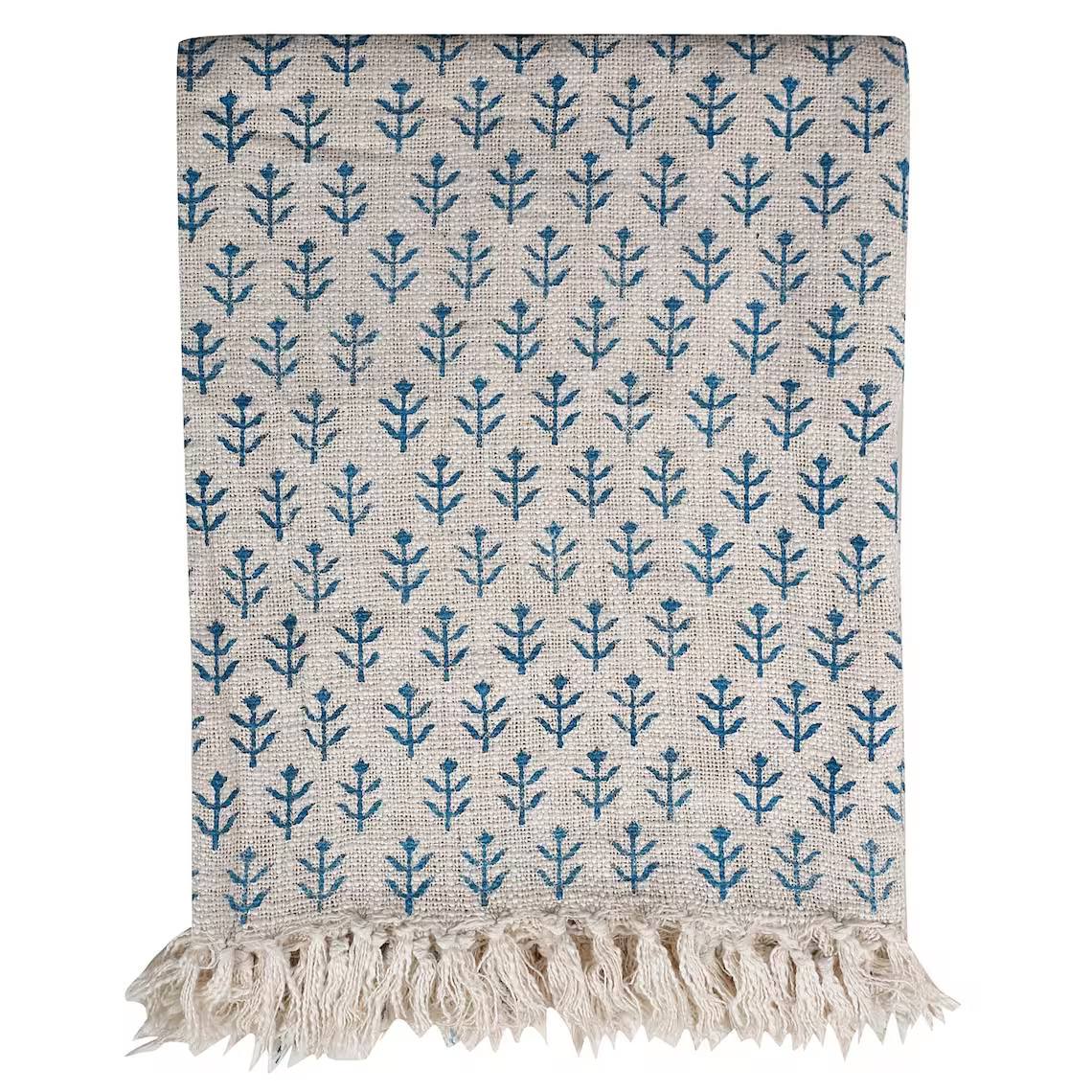 Handgewebte Tagesdecke mit blauem Blockdruck, 100% Baumwolle 200x130 cm – fair gehandelt aus Indien