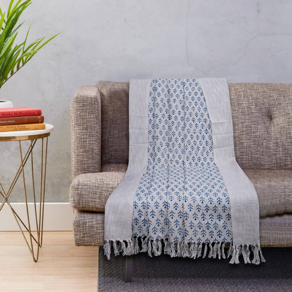Handgewebte Tagesdecke mit blauem Blockdruck, 100% Baumwolle 200x130 cm – fair gehandelt aus Indien