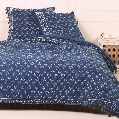 Bettwäsche Indigo Blockdruck Pfauenfeder 200x220 cm + 80x80 cm