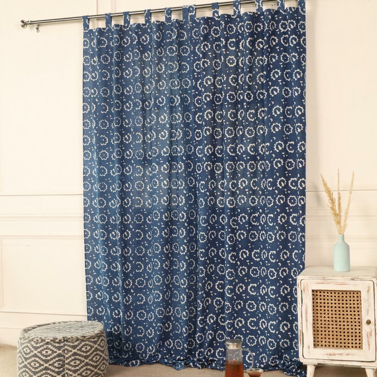 Indische Vorhänge Indigo blau mit blockdruck muster - 100% Baumwolle handgefertigt und fair gehandelt blickdicht aber lichtdurchlässig