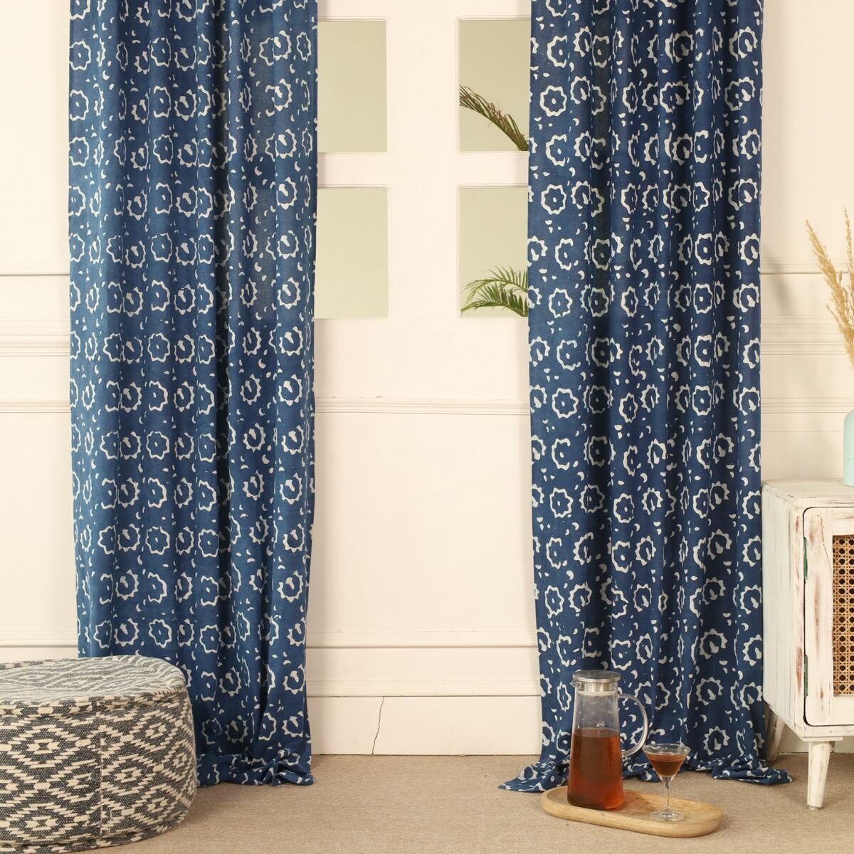 Indische Vorhänge Indigo blau mit blockdruck muster - 100% Baumwolle handgefertigt und fair gehandelt blickdicht aber lichtdurchlässig