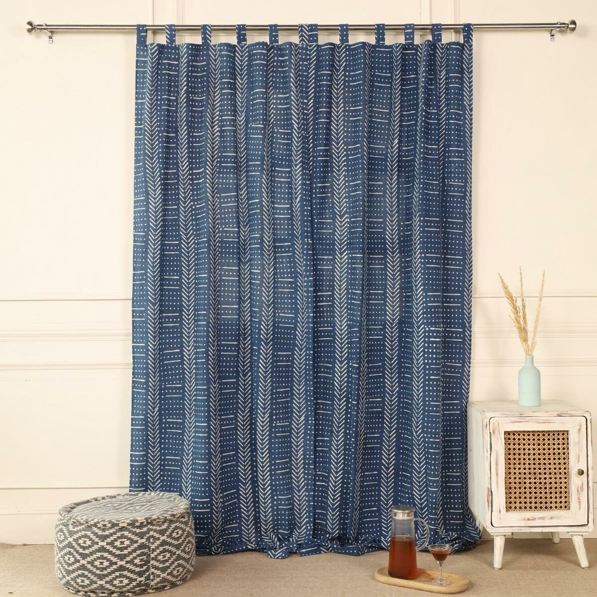 Indische Vorhänge Indigo blau mit blockdruck muster - 100% Baumwolle handgefertigt und fair gehandelt blickdicht aber lichtdurchlässig