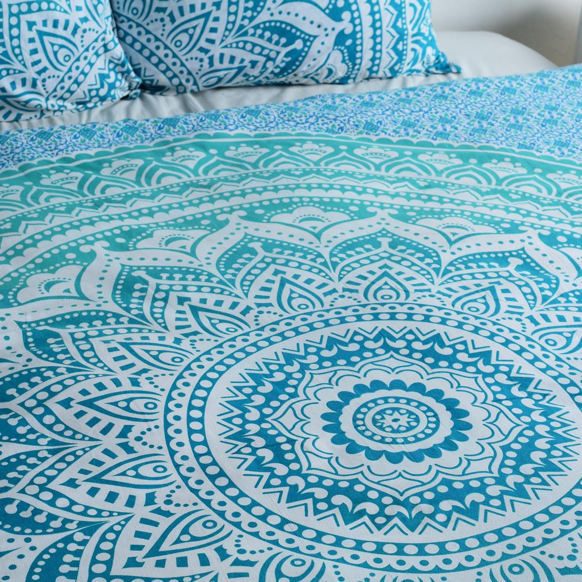 Indische Bettwäsche Ombre Mandala türkis - Doppelbett Bezug 200x220 cm